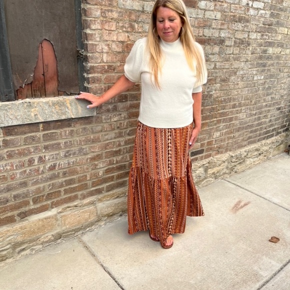Brown Tribal Print Smocked Waist Boho Skirt - Picture 6 of 6